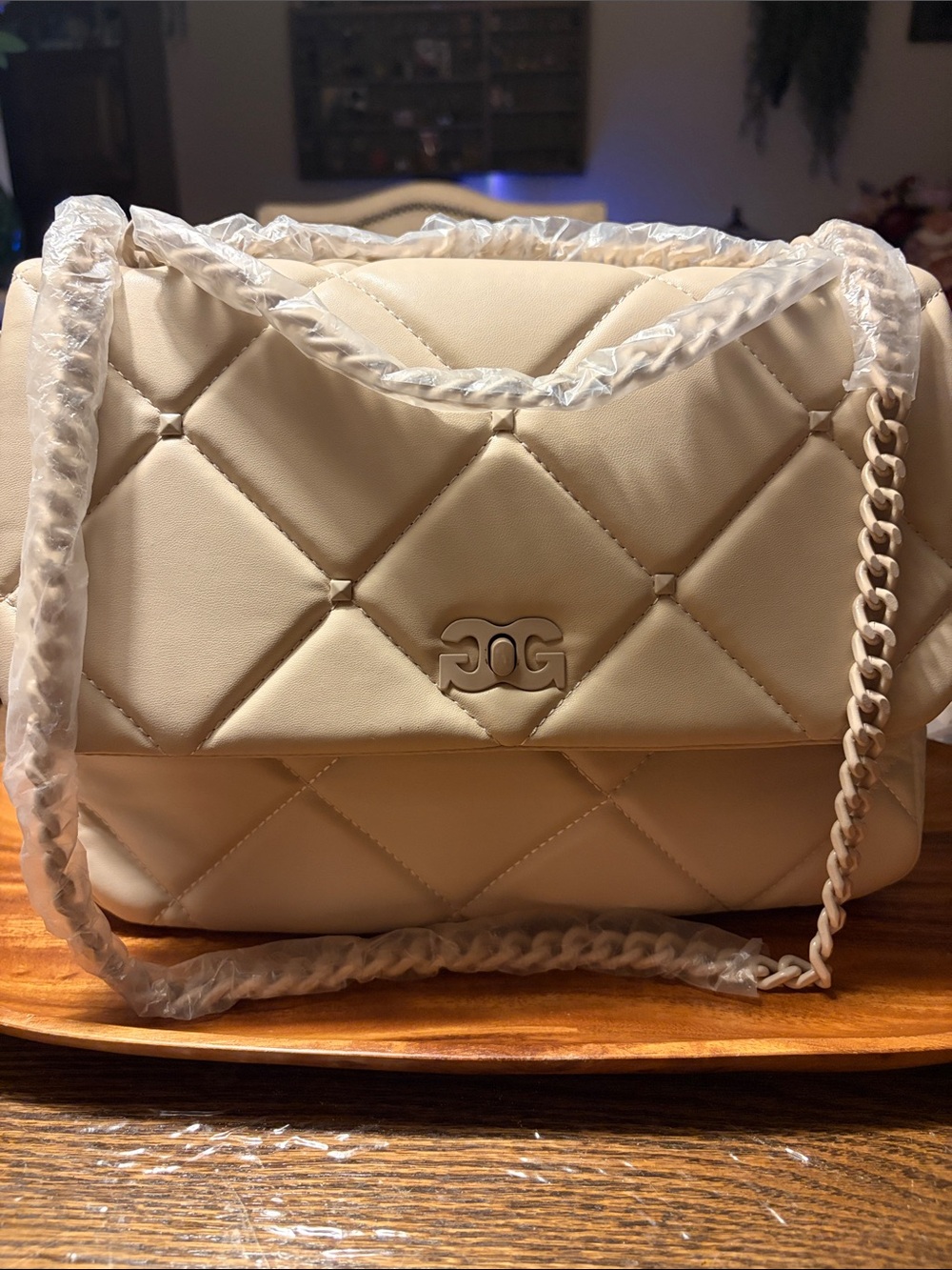 Quilted Cream Shoulder Bag with Chain-Wrapped Handle
